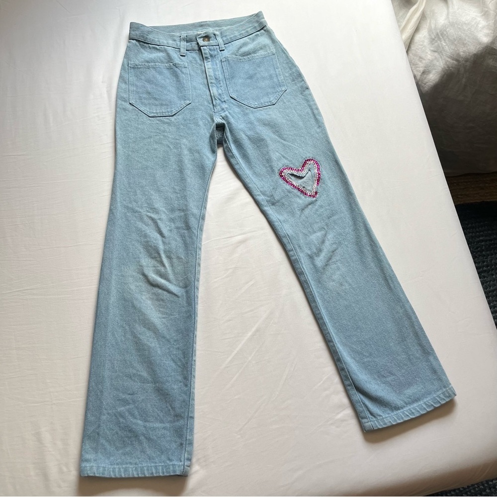 LYKKE WULLF light blue denim cutout heart beaded‎ bootcut cropped jeans